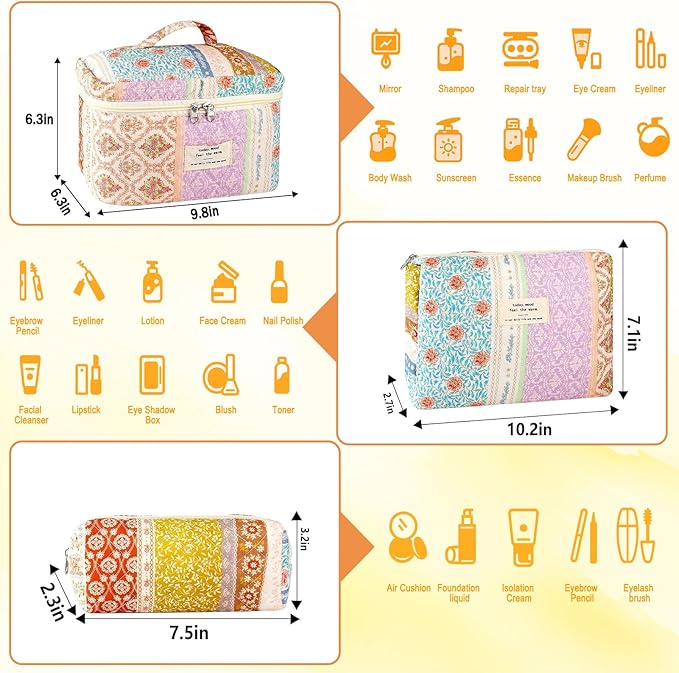 3Pc Cotton Quilted Makeup Bags for Women Large Small Coquette Floral Travel Cosmetic Bag Set Aesthetic Cute Flower Makeup Pouch Portable Toiletry Bag Puffy Essential Storage Organizer Bag