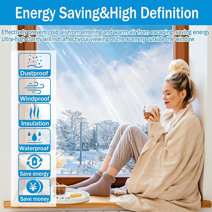 Window Insulation Kit, 63 × 394 Inch Plastic Window Covering for Winter, Window Insulation Film Window Wrap Insulation Windows Winterizing Kit with Double-Sided Tape for 10 Pcs 3 x 5 Ft Windows