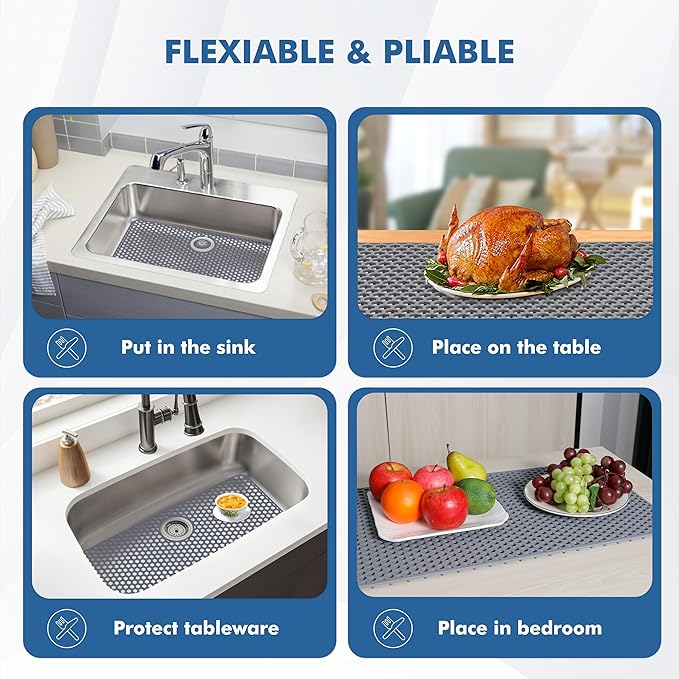Silicone Sink Protectors for Kitchen Sink with Rear Drain - 28.3"x 15.7" Kitchen Protector Accessory, Non-Slip Heat Resistant Mat for Bottom of Farmhouse Stainless Steel Porcelain (Gray)