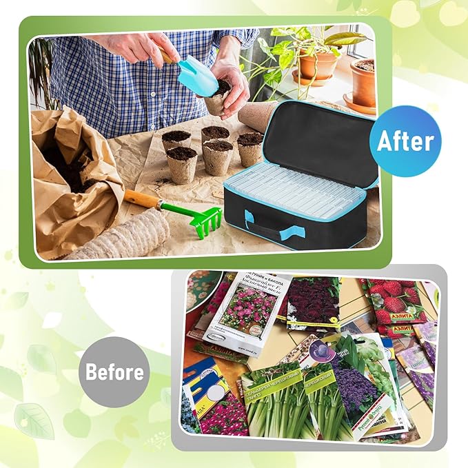 FACULX 15 Slots Seed Storage Organizer Box with 20 Seed Envelopes, Large Capacity Seeds Storage Container with Zipper Bag Label Stickers, Seeds Saving Container for Garden Vegetable and Flower (Blue)