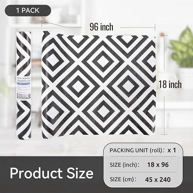 FIFTY FEET 18"x96" Non-Adhesive Shelf Liner for Kitchen Cabinets and Drawers, Washable Non-Slip PVC Cabinet Liner (Black Plaid)(1 Roll)