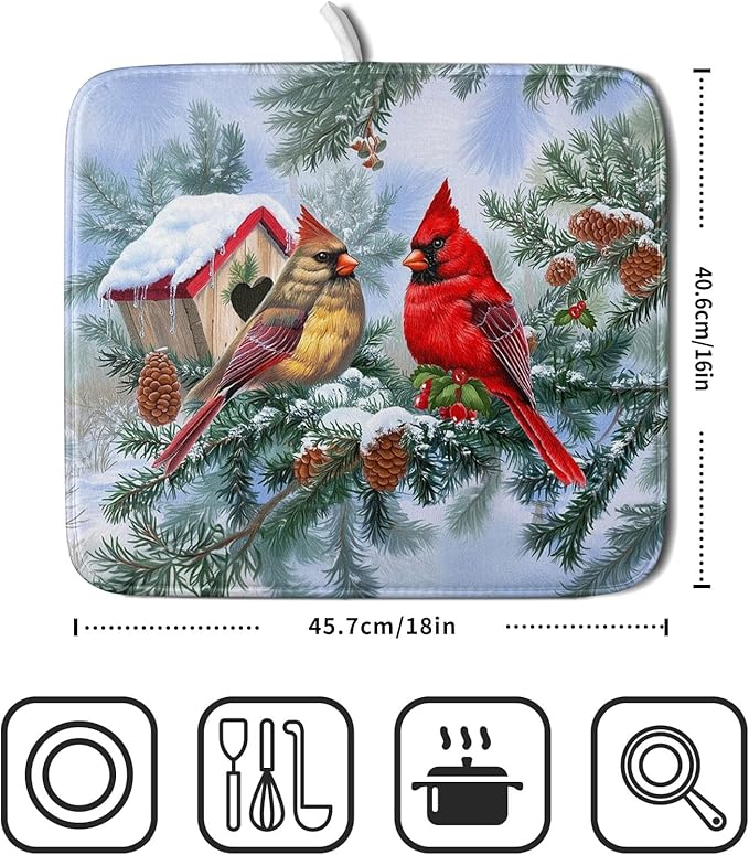 Winter Red Cardinal Bird Dish Drying Mat for Kitchen Counter,Holly Berry Branches Xmas Snowflake Cabin Drying Mat 16 x 18 Inch with High Absorbent Microfiber Drainer Mat for Coffee Bar