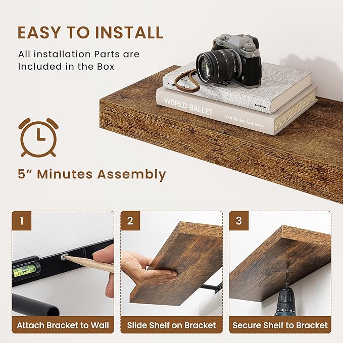 fuqing Floating Shelves for Wall, Wall Mounted Wood Floating Shelf with Invisible Brackets for Living Room, Bathroom, Bedroom, Kitchen Storage and Decor, 40 Inch Set of 2, Rustic Brown