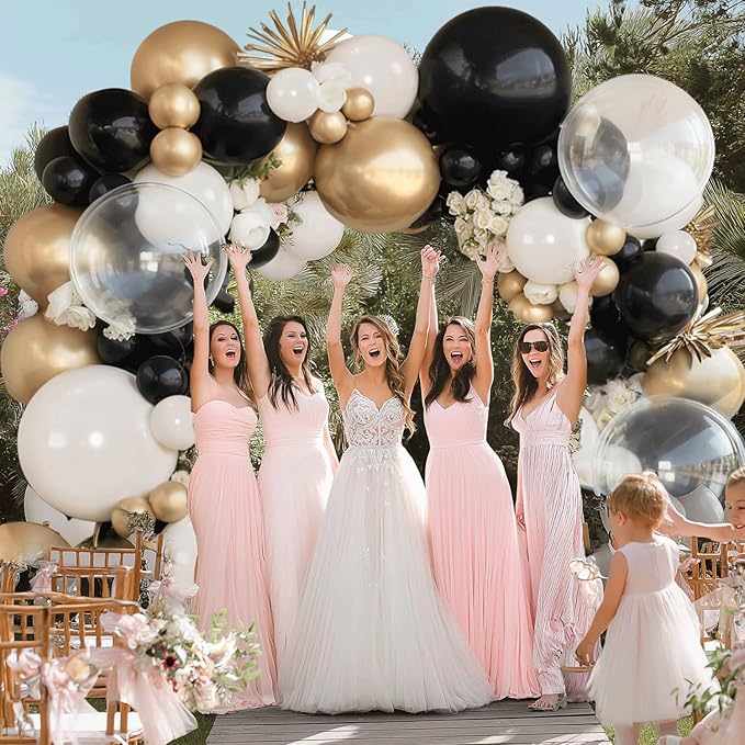 Black and White Sand Balloons Arch Kit, 128pcs Matte Black White Cream Balloons Garland Kit with Chrome Gold Clear Balloons for Birthday Party Graduation Wedding New Year Eve Decorations