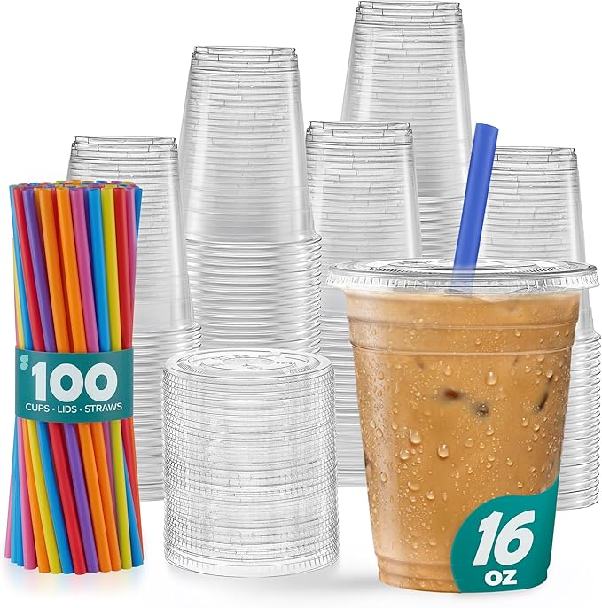 GUSTO [16 oz. - 100 Count Clear Cups with Flat Lids & Straws - Disposable Clear Drinking Cups for Iced Coffee, Cold Drinks, Milkshakes, and Smoothies - Formerly Comfy Package