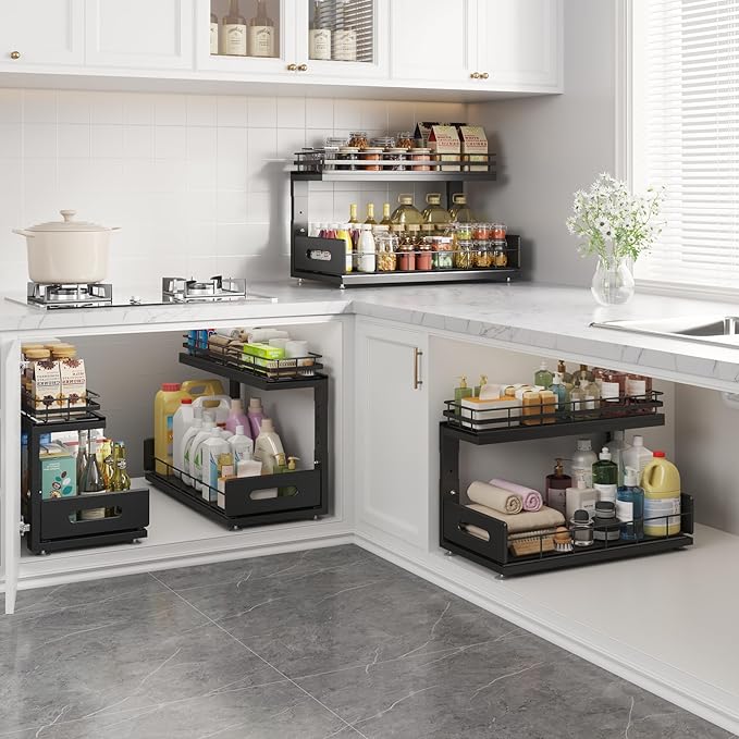 1 Pack 18 IN Depth Under Sink Organizer with Smooth Ball Bearing Slides, 2-Tier Pull Out Cabinet Storage, Slide Out Drawers for Bathroom&Kitchen, Rust-resistant Coating, Height Adjustable - Black