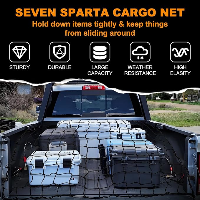 Seven Sparta 4' x 4' Large Cargo Net for Pickup Truck Bed Stretches to 7' x 7' for Truck Bed, Trailer, Trunk, SUV with 12 Bonus D Clip Carabiners Cargo Net for Large Loads (Black, 4'x4')