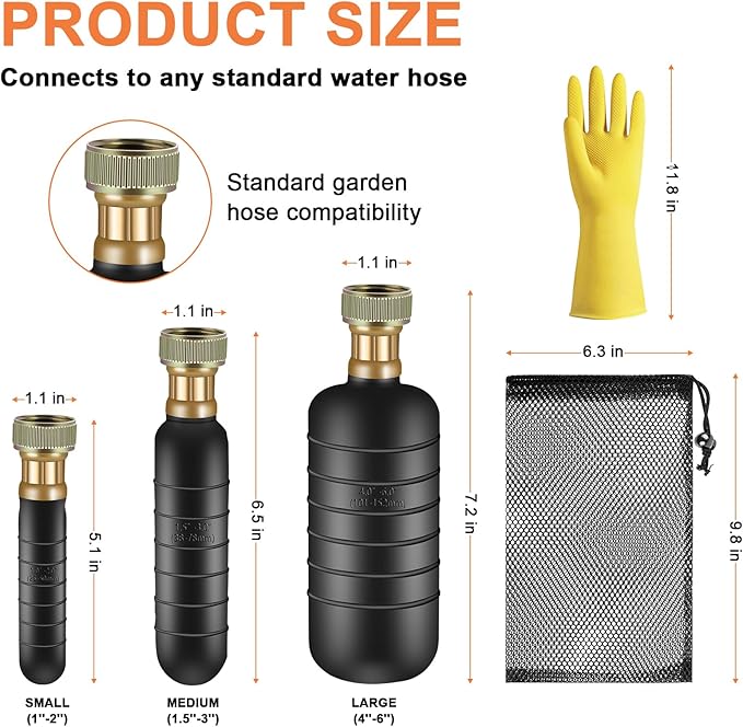3PCS Drain Bladder Kit,Drain Cleaning Bladder Fits 1 to 6 Inch Drain Pipe,Drain Bladder Unclogger for Bathroom Sink,Swimming Pool Drain,Basement,Bathtub,Shower-Including Gloves and Storage Bag