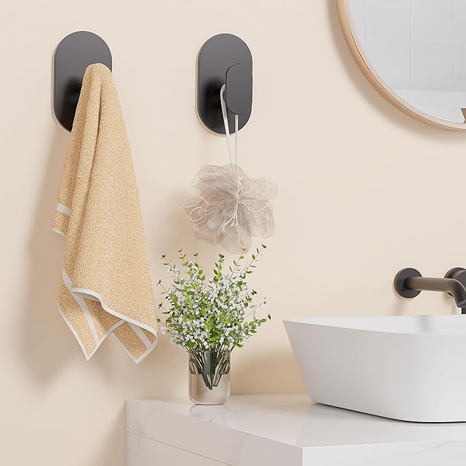 Aikzik Adhesive Hooks, 26LB Extra Strong Heavy Duty Wall Hooks for Hanging Coat, Robe, Towel, Dogs' Leads and Collars Stainless Steel Waterproof Stick on Bathroom/Shower, Door - 2 Pack (Matte Black)