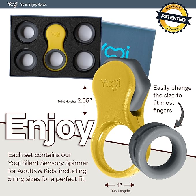Yogi Fidget Toy – Silent Sensory Spinner for Adults & Kids – Stress Relief Fidgets for ADHD, Anxiety – Fidget Toys for Adults – Includes 5 Finger-Fit Rings – Work, School & Travel – Amber