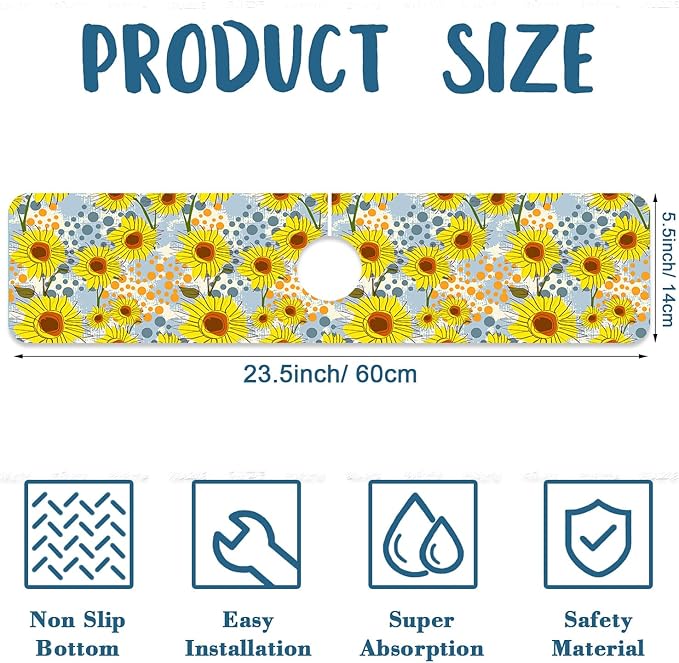 Watercolor Sunflowers Sink Splash Guard Faucet Mat Sunflowers Polka Dots Super Absorbent Fast Drying Mat Sink Gadgets-Splash Guard Behind Faucet Drip Catcher for Kitchen Bathroom, 23.5"x5.5"