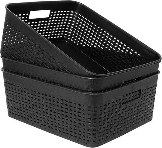 Soddeph Plastic Storage Baskets for Cabinets, Household Pantry Organization with Handle,Organizer Bins for Room,Bathrooms,Under-Sink,Kitchen (Black, L-3PACK)