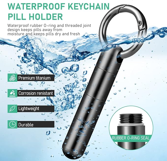 TISUR Keychain Pill Holder, Titanium Pill Case Small Pill Organizer Waterproof Pill Box, EDC Portable Pill Container Metal Tube for Travel Purse Outdoor