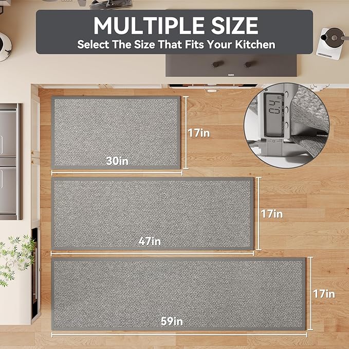 YDKGL Kitchen Rugs Mat Non Slip Washable, 0.4" Thick Anti Fatigue Cushioned Kitchen Mats for Floor, Absorbent Jute-Look Kitchen Runner Rug Sink Mat Laundry Standing Mats, Easy Clean, Gray 17"x47"