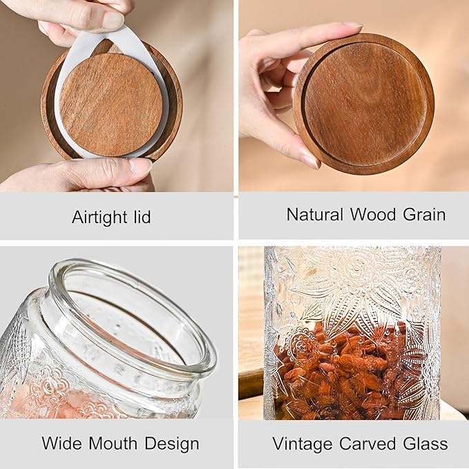 24oz Vintage Glass Canister With Lid Small Glass Jars Wide Mouth Mason Jars Airtight Coffee Canisters Kitchen Storage Containers For Sugar Tea Spice Flour Candy Cookie Cereal Cute Decorative