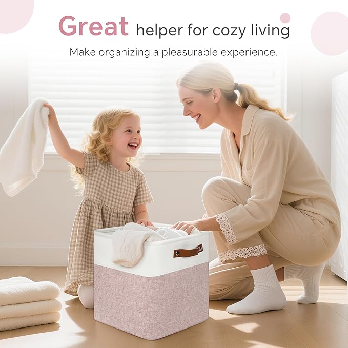 FinishingBo Cube Storage Baskets 6 Pack, 11x11 inch Cube Storage Bins with Leather Handles for Shelf Closet (White/ Pink)