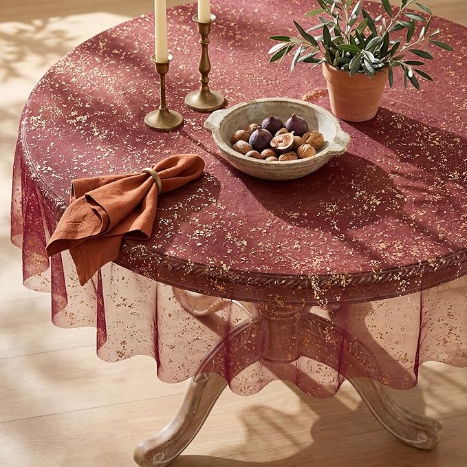 Horaldaily Burgundy Gold Gauze Tablecloth 60x60 Inch Round, Golden Sequin Glitter Metallic Foil, Sheer Tulle Cheesecloth for Wedding Baby Shower Ceremony Birthday