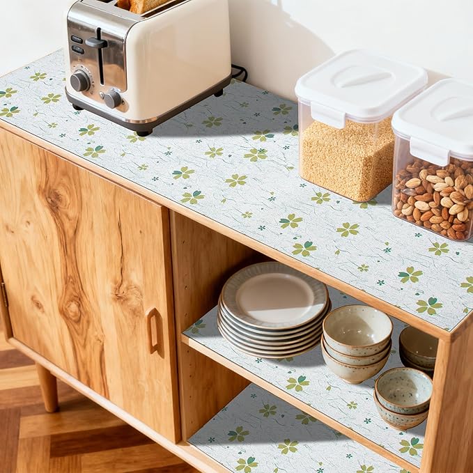 FIFTY FEET 12"x120" Non-Adhesive Shelf Liner for Kitchen Cabinets and Drawers, Washable Non-Slip PVC Cabinet Liner (Green Floral)(6 Roll)