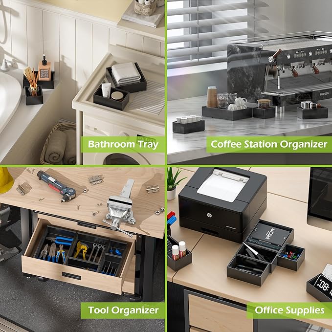 Greatseas Bamboo Drawer Organizer Set, 5 PCS Multi-use Varied Sizes Junk Drawer Organizer Kitchen Storage Box for Office, Home, Bedroom, Bathroom, Black