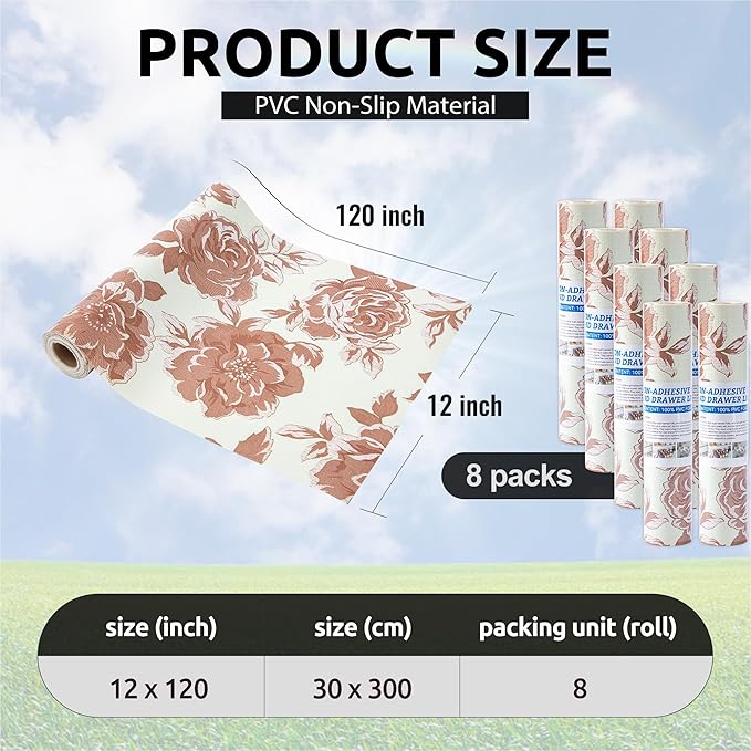 FIFTY FEET 12X120 Inch Shelf Liner for Kitchen Cabinets, PVC Drawer Liner for Dresser Non-Slip Bathroom, Non-Adhesive Cabinet Liner Washable (Red Flower)(8 Roll)