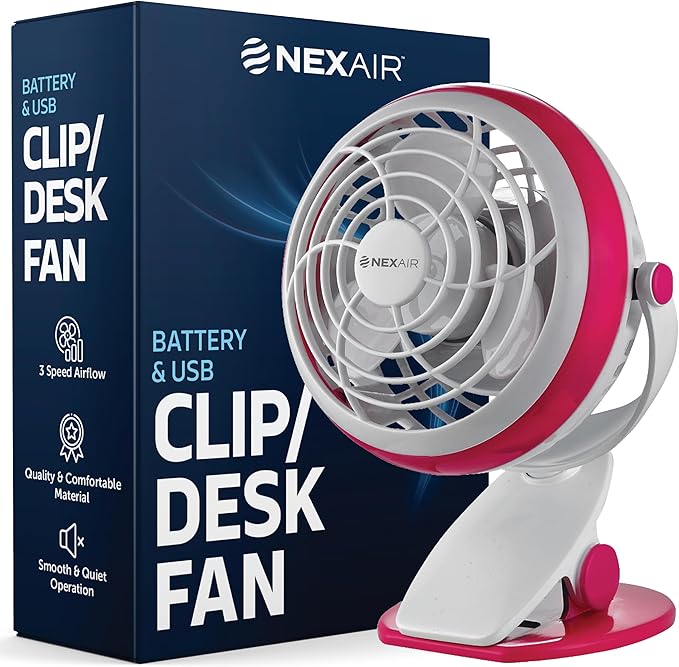 4" Clip or Desk Fan, USB or Battery Powered, 4 inch, Single Speed Setting, Adjustable Tilt, Lightweight, Ideal for Home, Bedroom, Office, or Dorm