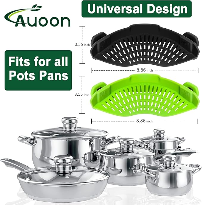 2PACK AUOON Clip on Strainer for All Pots Pans - Silicone Pasta Strainer Kitchen Colander for Draining Noodles Spaghetti Ground Beef Grease｜Easy to Use and Store, Dishwasher Safe (BlackGreen)