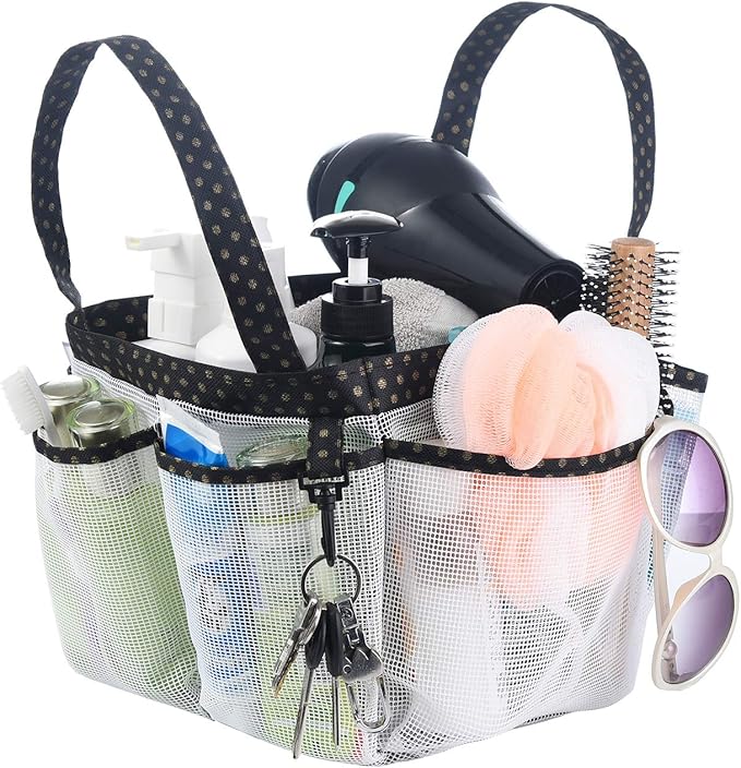 Haundry Mesh Shower Caddy Bag, Large College Dorm Bathroom Organizer with 8 Pockets, Hanging Portable Tote Bag for College Dorm Room Essentials, Beach, Swimming, Gym, Camping