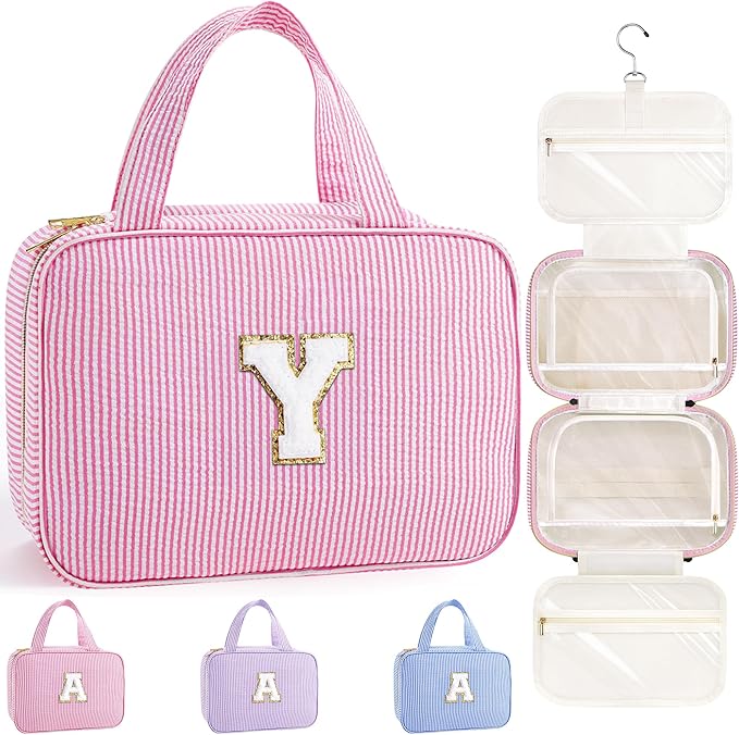 TOPEAST Travel Toiletry Bag for Women - Hanging Toiletry Bag Makeup Bag, Portable Toiletries Travel Bag and Cosmetic Bag Essentials - Letter Y, Pink