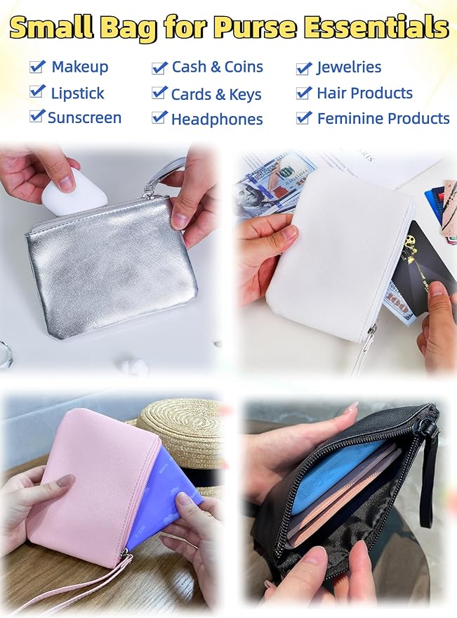 2 Pack Small Zipper Pouch Mini Makeup Bag for Purse Lipstick Cosmetic Travel Make Up Organizer for Women Essentials Feminine Products, Car Change Coin Holder 8x5 Phone Wristlet Wallet, Silver Red