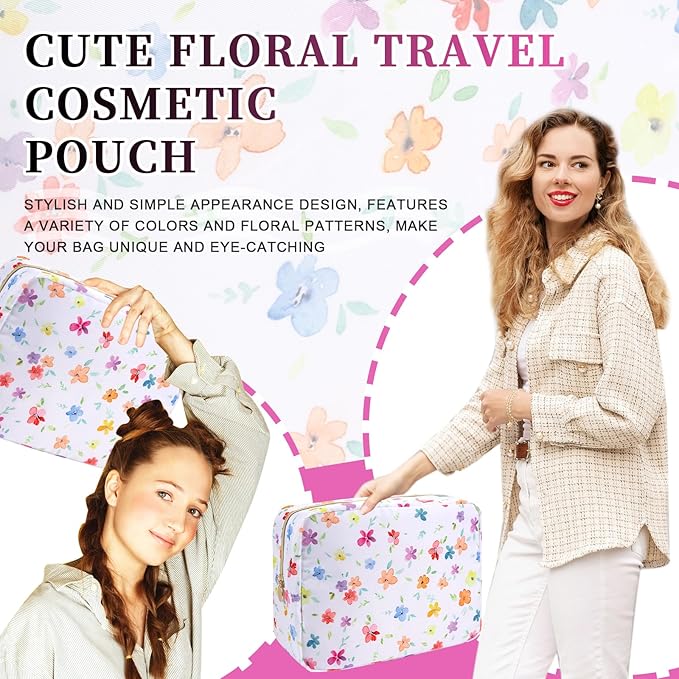 Waterproof Nylon Large Makeup Bag Travel Pouch, Floral Preppy Big Cosmetic Bag Make Up Organizer Toiletry Bag with Zipper, Large Capacity Cute Zipper Pouch Storage Bag for Women Girls(Fringed Iris)