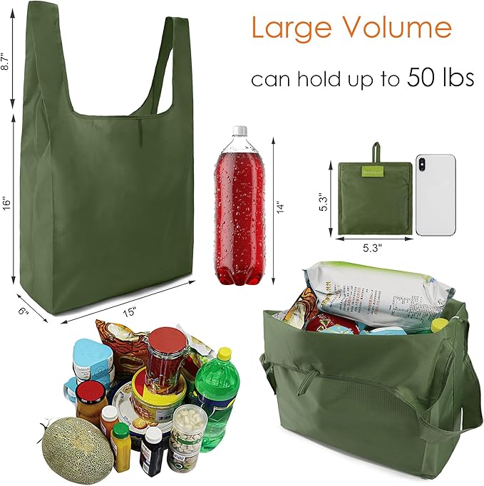 BeeGreen Green Reusable Grocery Bags Wholesale Green Reusable Kitchen Bags Bulk Foldable-Machine Washable with Zipper Storage Pouch 10 Packs