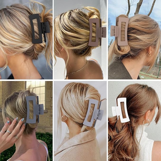 4 Inch Big Hair Claw Clips 6 Pcs Large Claw for Thick Hair Square Hair Clips for Women Rectangle Hair Clips Nonslip Acrylic Banana Jaw Clips Hair Accessories for Girls (Brown Grey)