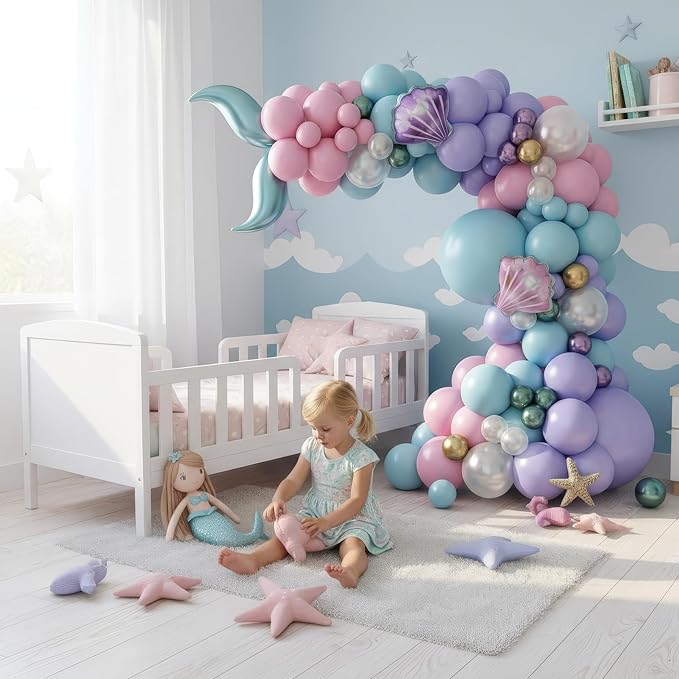 Mermaid Balloon Garland Arch Kit – Under the Sea Party Decorations with Pastel Pink, Blue, Purple, Gold Balloons, Shell & Tail Foil Balloons, Ocean Theme Birthday, Baby Shower Décor by Vellax®