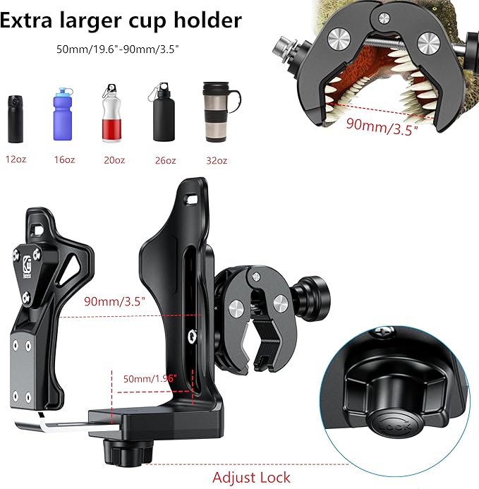 Kewig Anti-Theft Motorcycle Cup Holder, Extra Large Adjustable Size Bike Water Bottle Holder for 1.95-3.6" Diameter Bottles, Drink Holder for Stroller, Moto, Bicycle, Scooter, Wheelchair