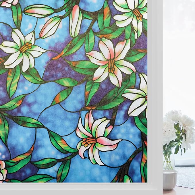 Window Privacy Film Stained Glass Window Films Day and Night, Static Cling Decorative Window Tinting Clings Door Covering for Home, Bathroom, Sun Blocking Decals Stickers (17.5" x78.7")