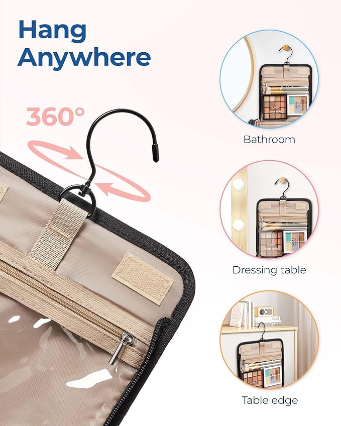 BAGSMART Travel Toiletry Bag, Large Capacity Cosmetic Bags for Women with Hanging Hook, Water-resistant for Toiletries Accessories Brushes Sponge, With Handle