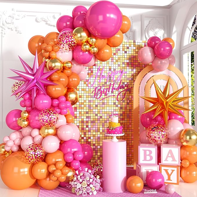 Pink Orange Balloon Garland Arch Kit, 120Pcs 18/12/10/5 Inch Hot Pink Orange Metallic Gold Latex Balloons with Star Foil for Birthday Summer Tropical Wedding Party Decorations