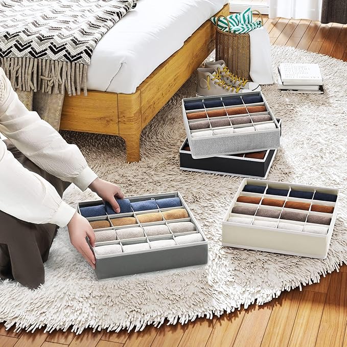 Joyoldelf Sock Drawer Organizer Divider Underwear Organizer 16-cell Fabric Dresser Drawer Organizers Storage Boxes for Socks Lingerie, Handkerchiefs, Ties 4 Pack (Grey)