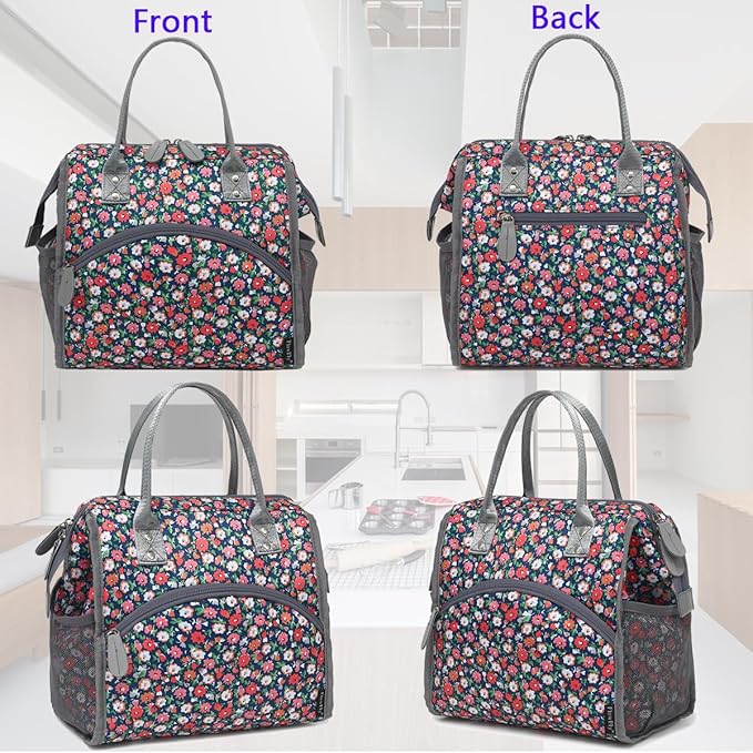 FlowFly Insulated Lunch Bag for Women, Men, Large and Reusable, with Handle, for Work, Travel, and Meal Prep Organizer, Floral