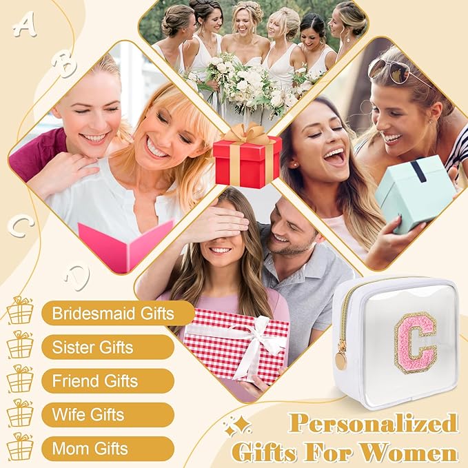Personalized Initial Letter Clear Preppy Makeup Bag,Mini Nylon Chenille Letter Cosmetic Bag Cute Zipper Pouch Purse for Teen Girls,Portable TSA Approved Beach Travel Essentials Bag Gift for Women,C