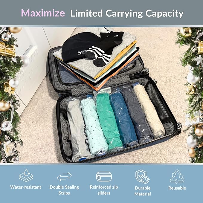 18 Pack Compression Bags for Travel, Roll Up Space Saver Bags for Clothes Storage, Compact Packing travel organizer for Luggage, Suitcase, Backpack, No Pump or Vacuum Needed