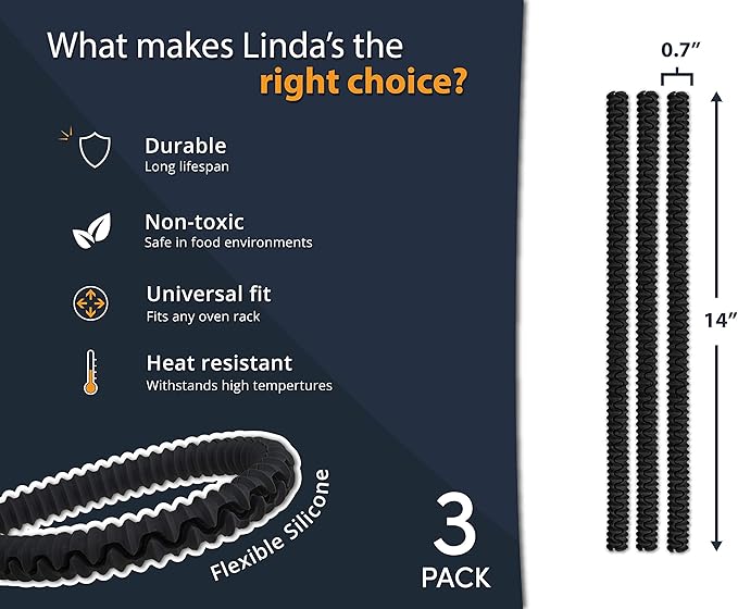 Silicone Oven Guards for Racks by Linda’s Essentials (3 Pack) - Heat-Resistant Rack Protectors Shield, Prevents Burns & Scars, Easy to Fit Design, Must-Have Kitchen Safety 14 Inches Long (Black)