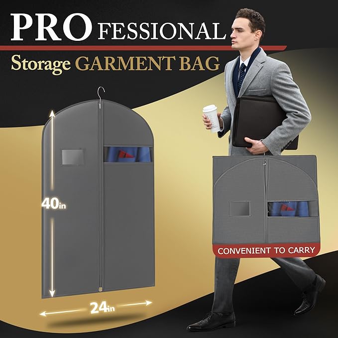 2 Pack 40-inch Suit Bag Garment Bag for Travel and Storage, Garment Bags for Hanging Clothes with Zipper and Visible Transparent Window, Waterproof Breathable Nonwoven Fabric, Gray