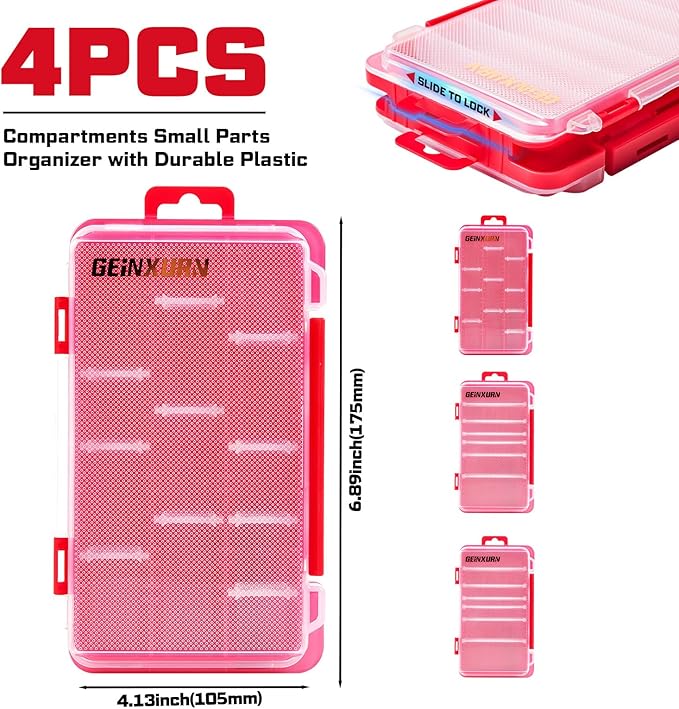 Small Flat Storage Parts Organizer, 4Pcs Red Portable Transparent Plastic Small Parts Tools Box with Removable Dividers, Screwdriver Bit Cases Storage(4 Pieces)