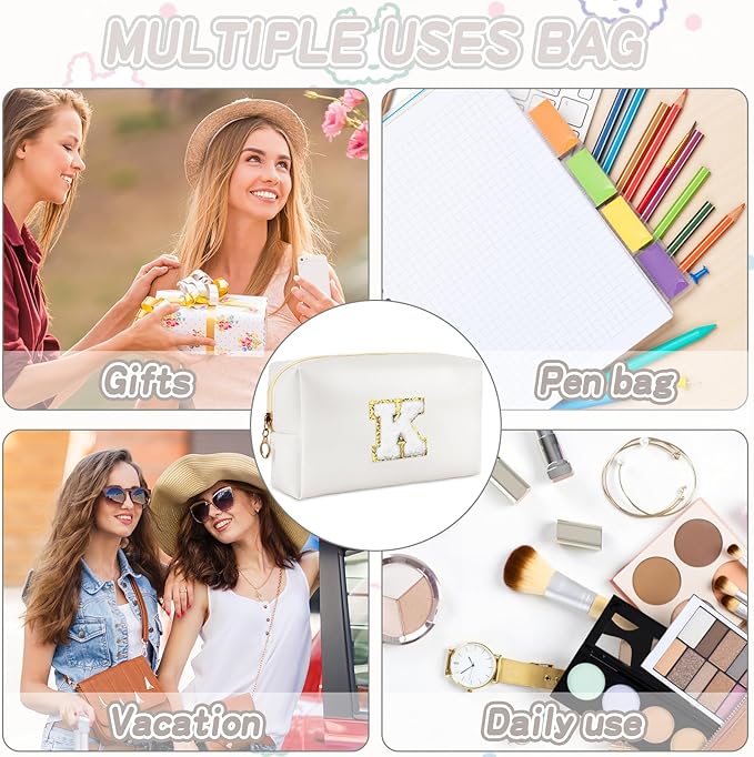 Gifts for Girls Initial Makeup Bag Personalized Cosmetic Bag with Zipper Cute Travel Toiletry Bags Waterproof PU Preppy Makeup Pouch Birthday Gift for Teen Girls Women(White K)