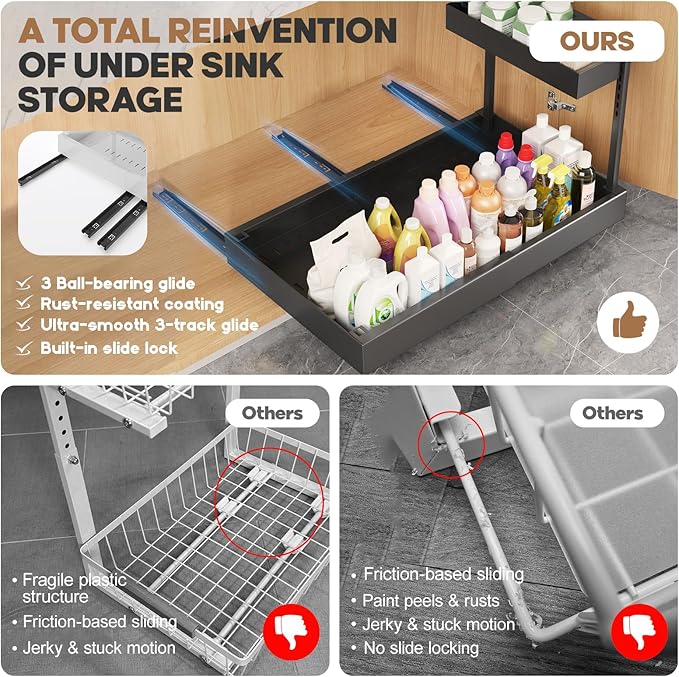 1-Pack L-Shape Expandable Under Sink Organizer with 3 Ball-Bearing Slide Rails, 2-Tier Pull-Out Under Cabinet Storage Shelf for Kitchen & Bathroom, Height-Adjustable Slide-Out Cabinet Drawer - Black