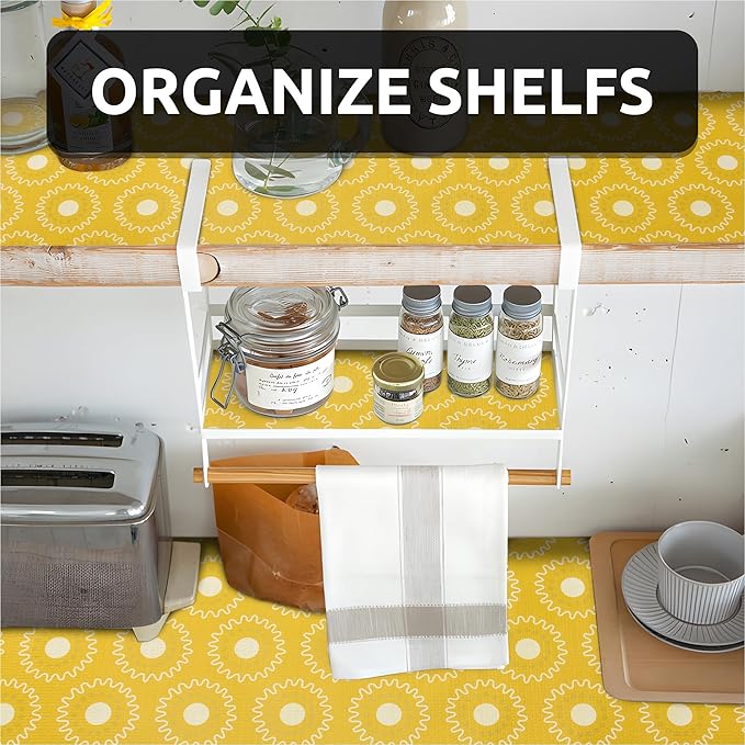 FIFTY FEET 18X96 Inch Shelf Liner for Kitchen Cabinets, PVC Drawer Liner for Dresser Non-Slip Bathroom, Non-Adhesive Cabinet Liner Washable (Yellow Circle)(1 Roll)