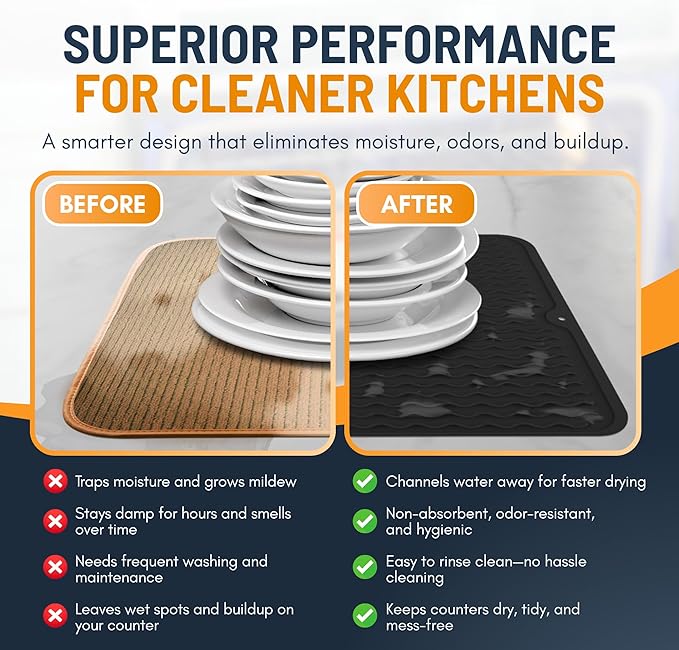 Silicone Dish Drying Mat for Kitchen Counter - Multi-Use 16 x 12 Inch Pad, Non-Slip & Heat-Resistant, Perfect Dish Drainer Mat by Linda’s Essentials, Ideal Kitchen Accessory (Black)
