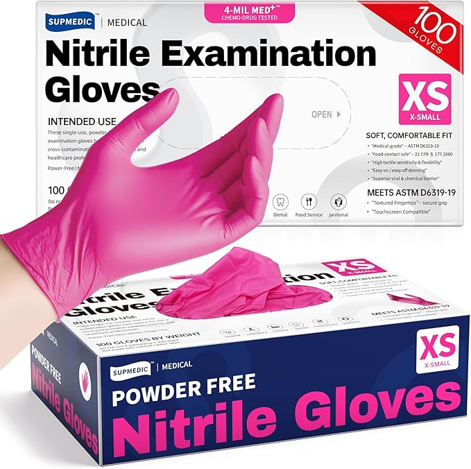 Supmedic Nitrile Exam Gloves, 4 Mil 100 Pcs Powder-Free Latex-Free Cooking Food-Safe Disposable Medical Gloves, Rose Orchid