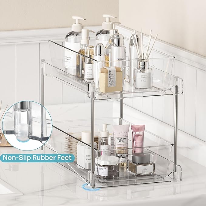 Vtopmart 6 Pack Bathroom Organizer, 2 Tier Clear Under Sink Organizers Vanity Countertop Storage Container, Cabinet Drawers Bins, Pull-Out Organization with Track for Pantry, Kitchen